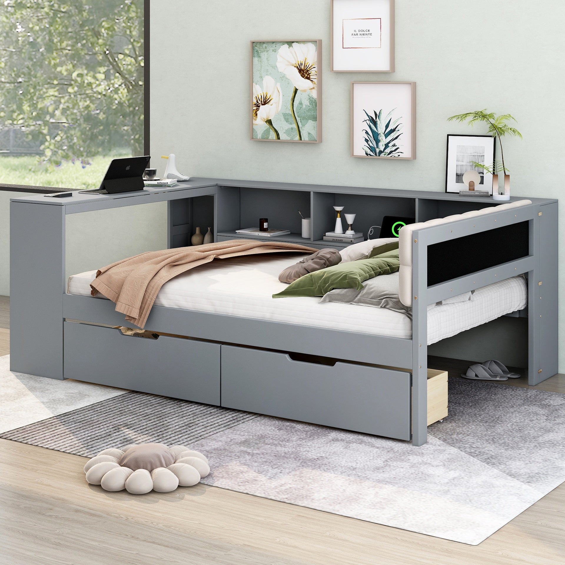 Wood Full Size Platform Bed with Storage Shelves, Drawers, Charging Station and Upholstered Headboard, Gray