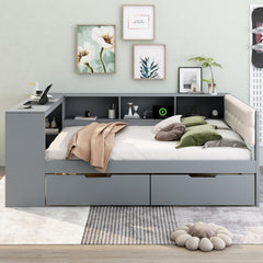 Wood Full Size Platform Bed with Storage Shelves, Drawers, Charging Station and Upholstered Headboard, Gray