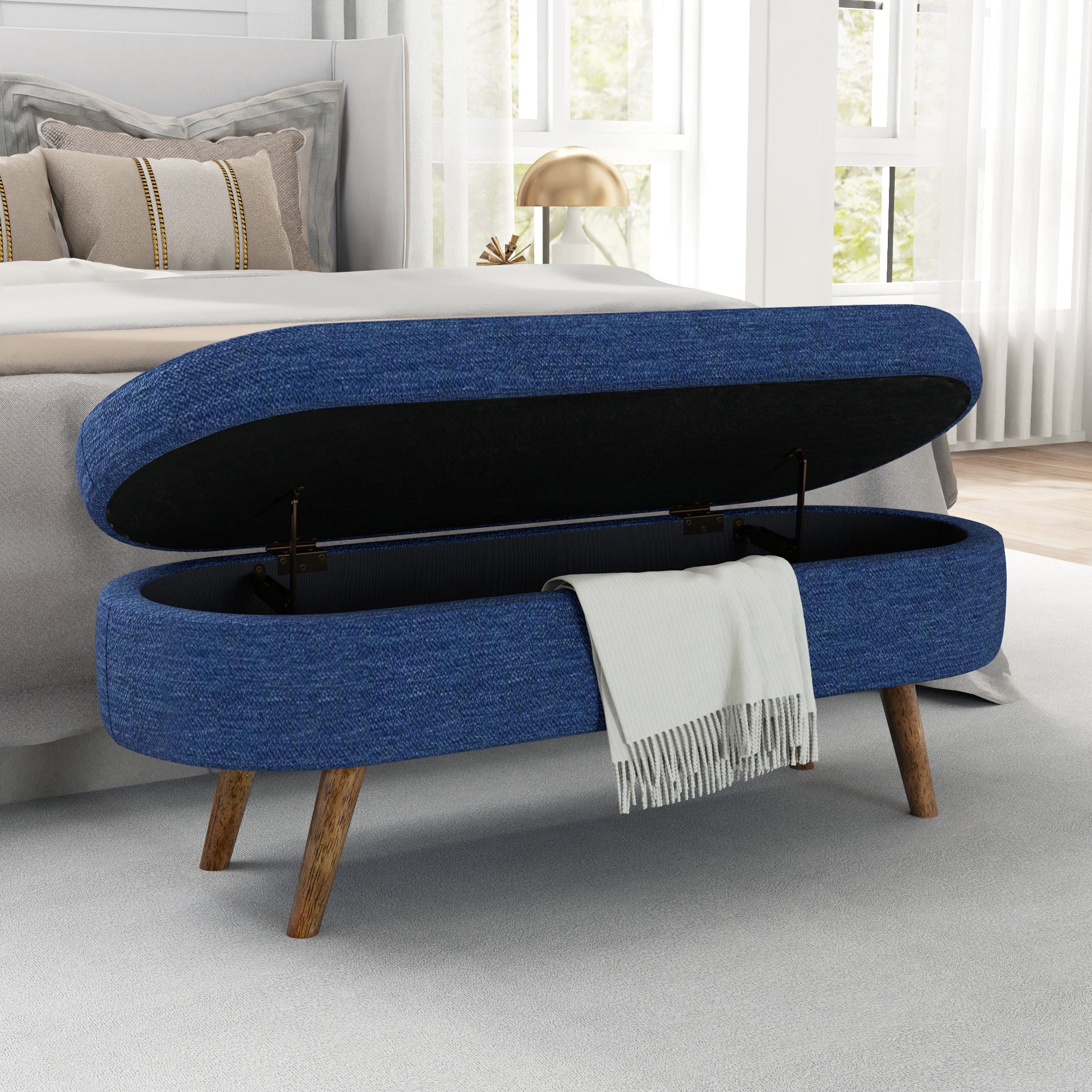 Ottoman Oval Storage Bench,Rubber Wood Legs,BLUE(43.5"x16"x16")