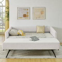 Full Size Daybed with Trundle Upholstered Sofa Bed, with Vertical Stripes, Linen Fabric, Beige (82.5"x58"x30")