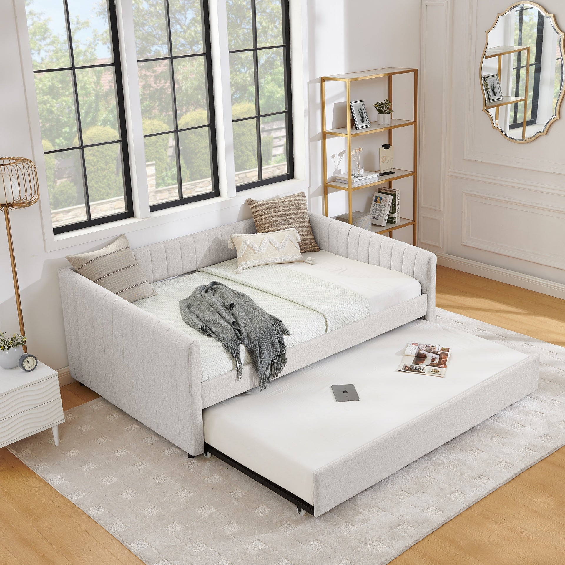 Full Size Daybed with Trundle Upholstered Sofa Bed, with Vertical Stripes, Linen Fabric, Beige (82.5"x58"x30")