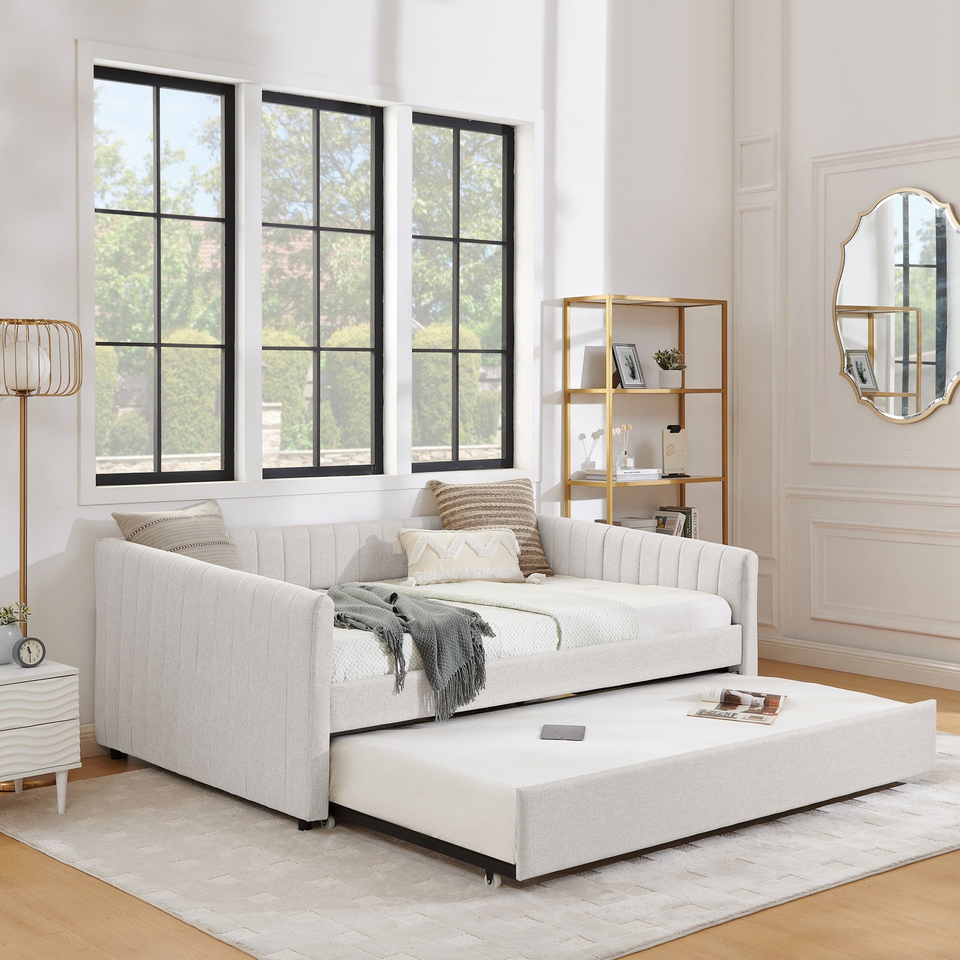 Full Size Daybed with Trundle Upholstered Sofa Bed, with Vertical Stripes, Linen Fabric, Beige (82.5"x58"x30")
