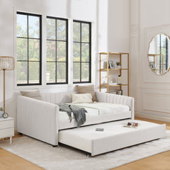 Full Size Daybed with Trundle Upholstered Sofa Bed, with Vertical Stripes, Linen Fabric, Beige (82.5"x58"x30")