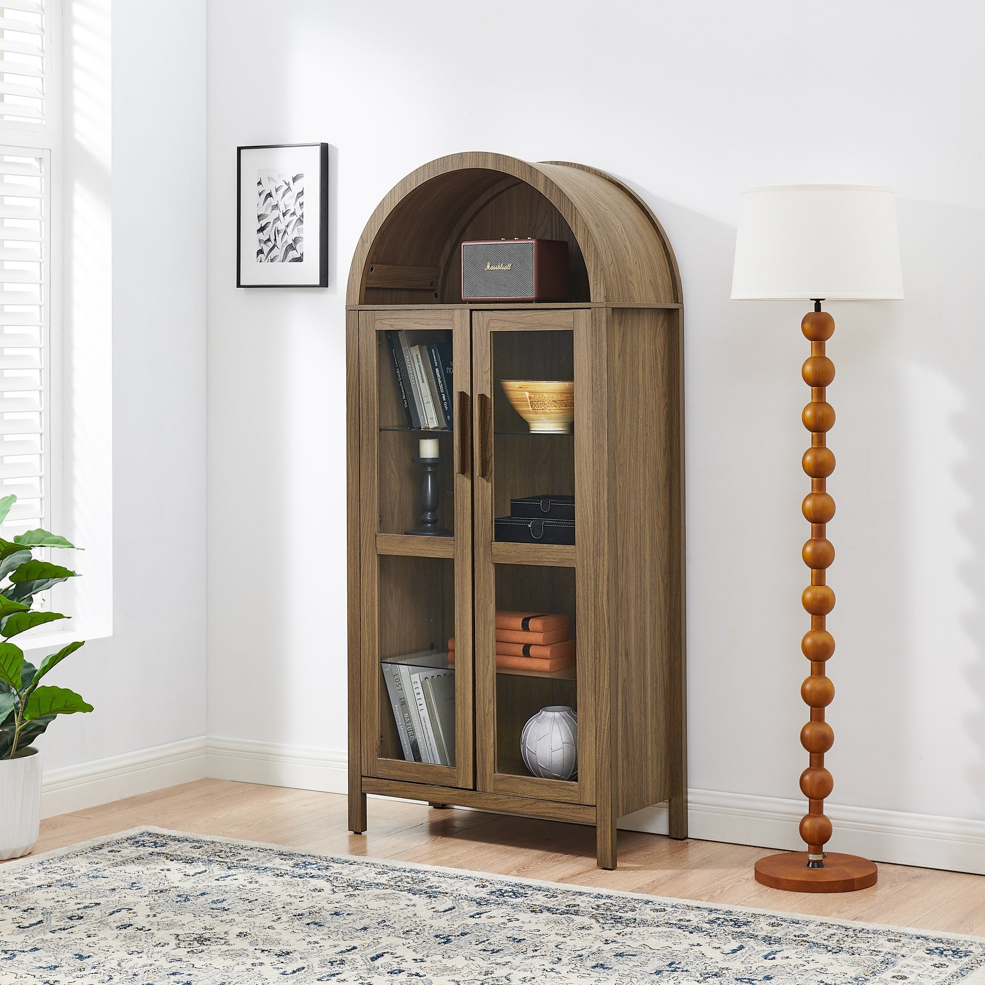 A high arched storage cabinet with a lamp, a modern retro-style wooden storage cabinet with adjustable glass partitions, suitable for use as a multi-functional cabinet in kitchens-Brown