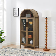 A high arched storage cabinet with a lamp, a modern retro-style wooden storage cabinet with adjustable glass partitions, suitable for use as a multi-functional cabinet in kitchens-Brown