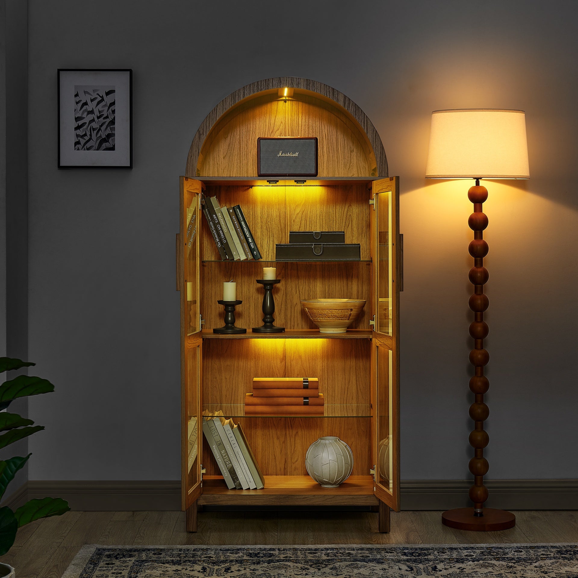 A high arched storage cabinet with a lamp, a modern retro-style wooden storage cabinet with adjustable glass partitions, suitable for use as a multi-functional cabinet in kitchens-Brown