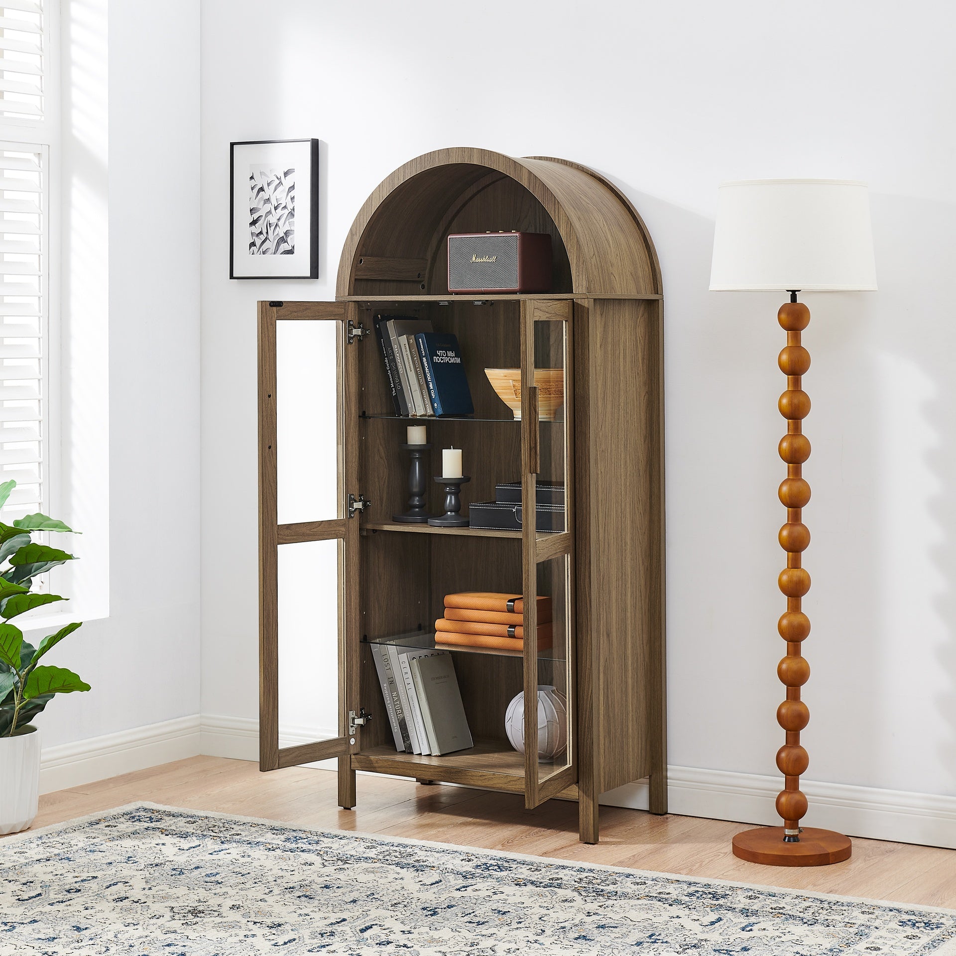 A high arched storage cabinet with a lamp, a modern retro-style wooden storage cabinet with adjustable glass partitions, suitable for use as a multi-functional cabinet in kitchens-Brown