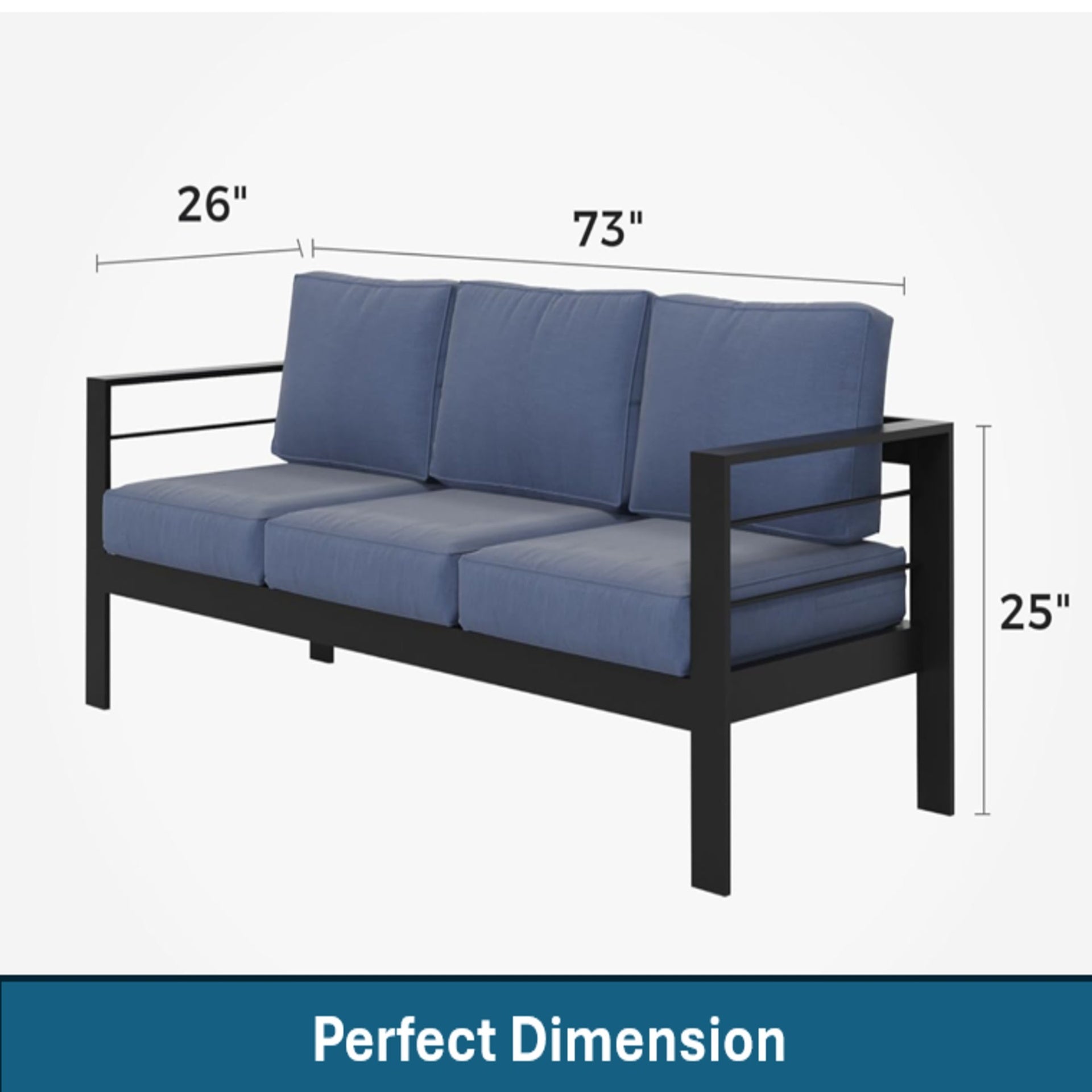 73" All-Weather Aluminum Patio Sofa, 3 Seat Outdoor Couch with  Thick Blue Cushions & Black Frame