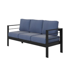 73" All-Weather Aluminum Patio Sofa, 3 Seat Outdoor Couch with  Thick Blue Cushions & Black Frame