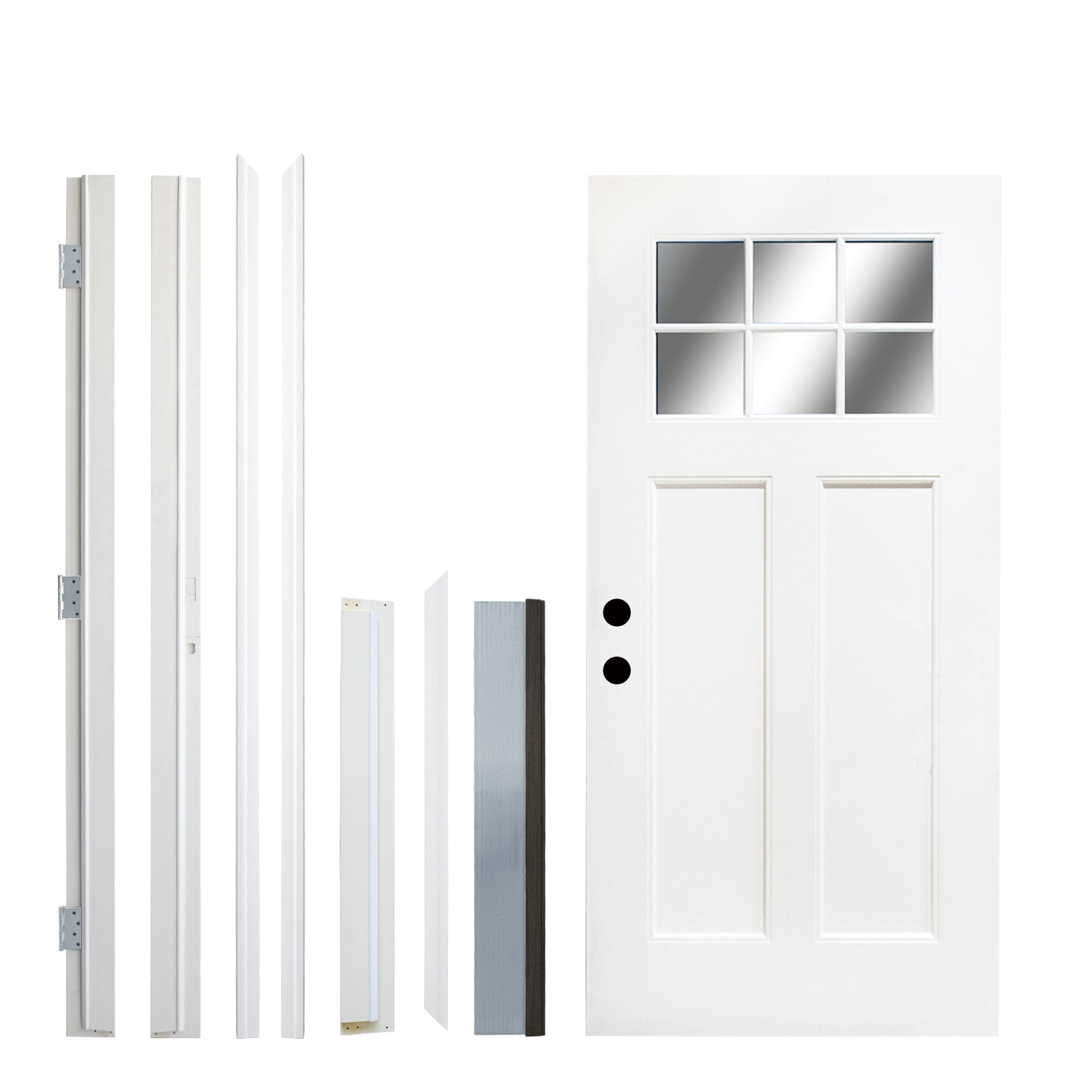 Fiberglass Entry Door, 36'' x 80" Door with Brickmould,4-9/16 Vinyl Frame,White Primed, Right Hand Inswing, Front Entry Knock-Down Door, 2-Panel Craftsman, 6-Lite Low-E Glass
