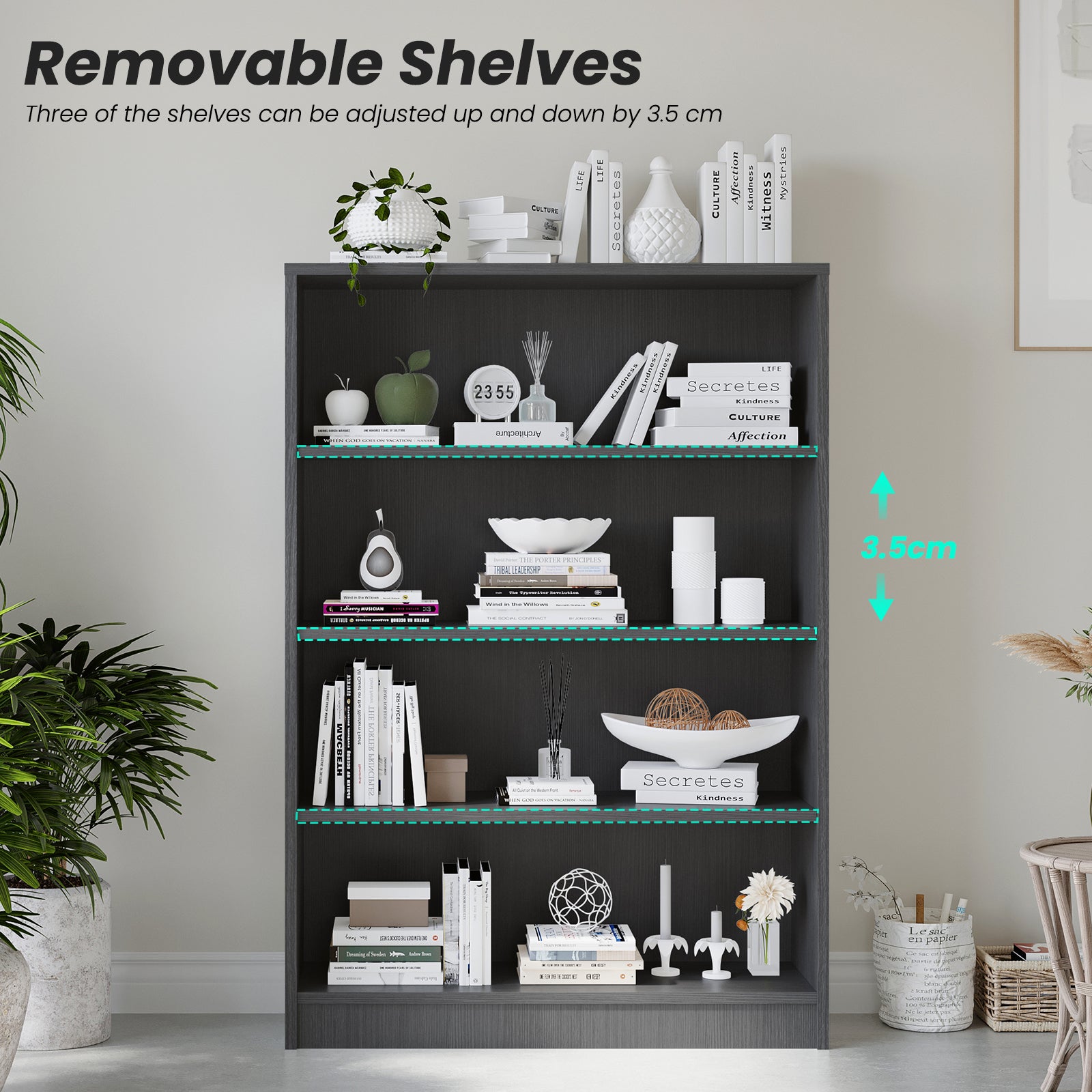 Grey Bookshelf for Bedroom 4 Shelf Office Bookcase 48 Inches Tall Modern Wood Bookshelf for Living Room 4 Tier Wide Manga Bookshelves Library Bookcase