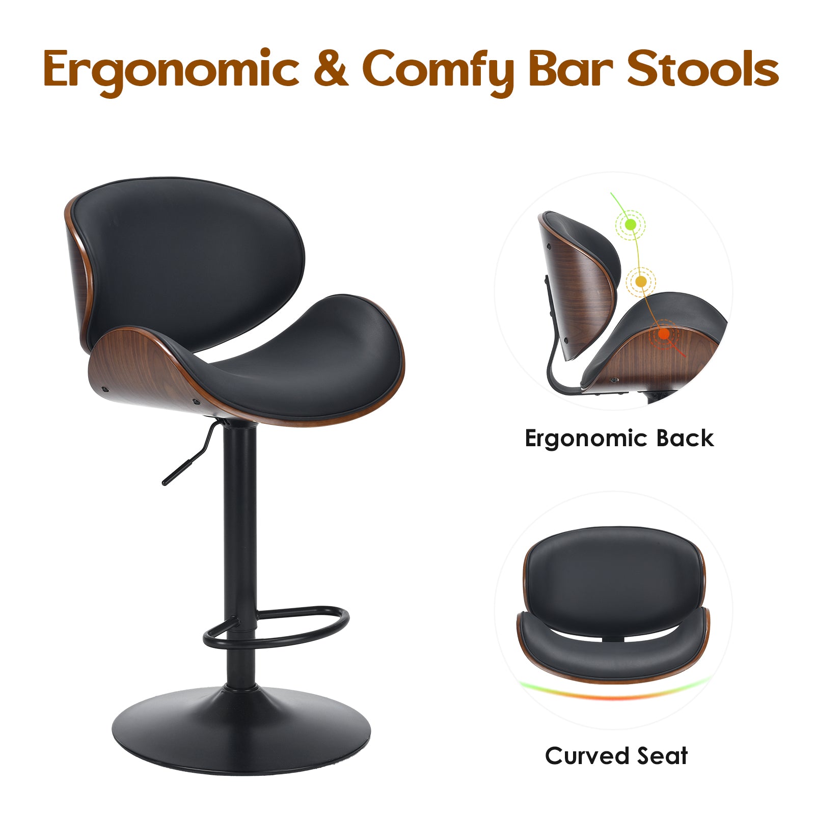 Swivel Bar Stools Set of 2 Adjustable Height Bentwood Barstools with PU Leather Upholstered Seat, Backrest and Footrest,Modern Kitchen Counter Chairs for Bar, Dining Room