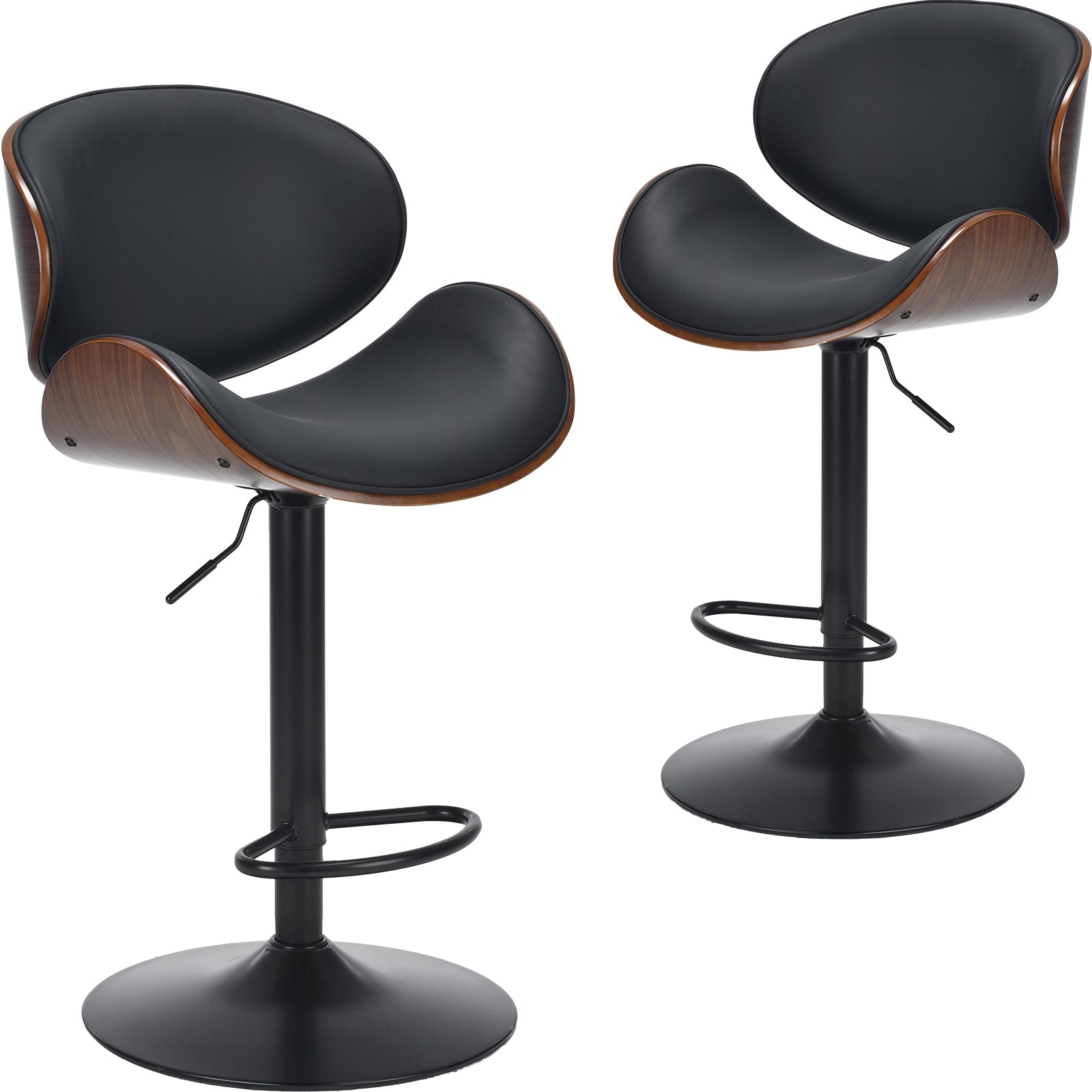 Swivel Bar Stools Set of 2 Adjustable Height Bentwood Barstools with PU Leather Upholstered Seat, Backrest and Footrest,Modern Kitchen Counter Chairs for Bar, Dining Room