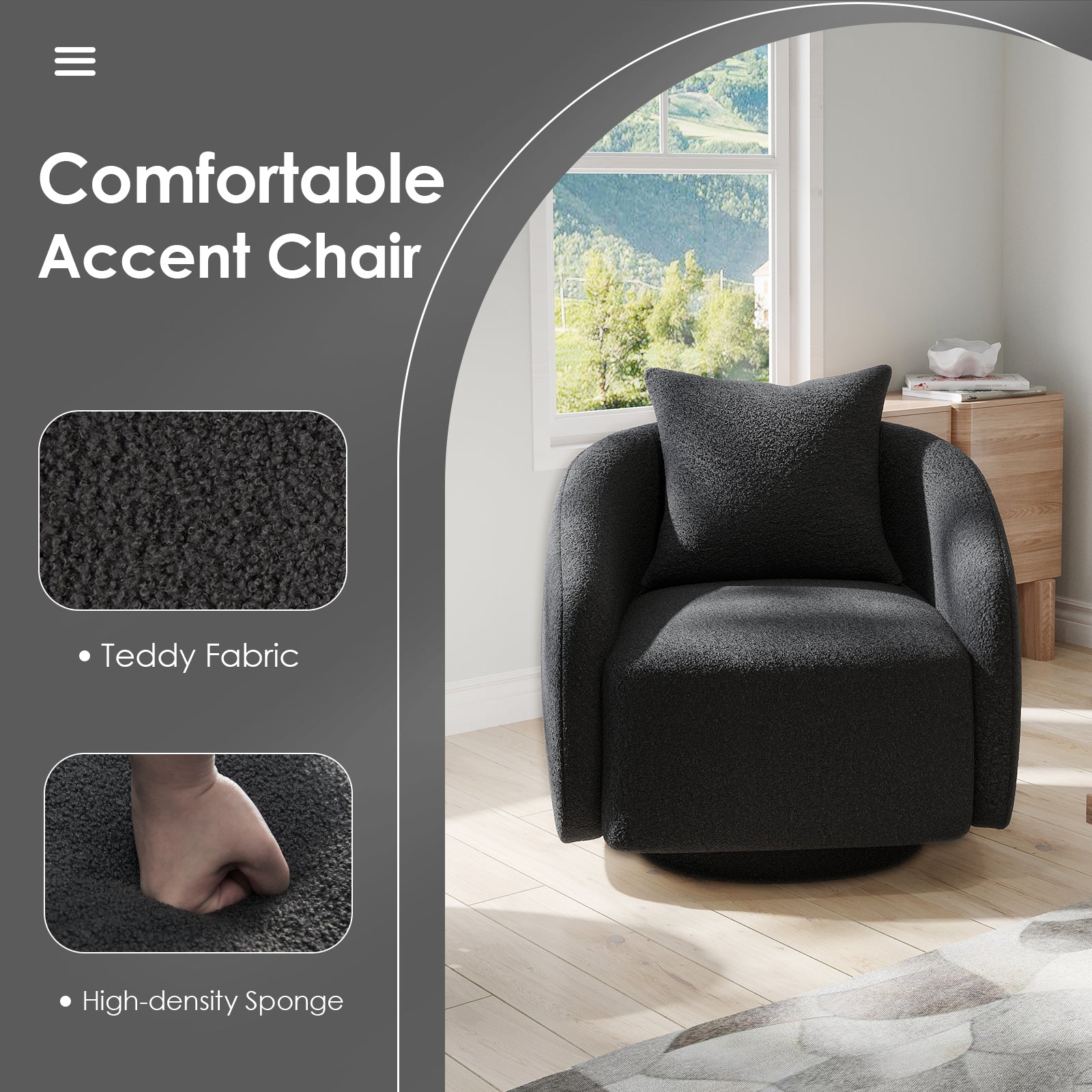 Swivel Accent Chair, Barrel Armchair with Back Pillow & Wood Frame for Living Room, Bedroom, Office