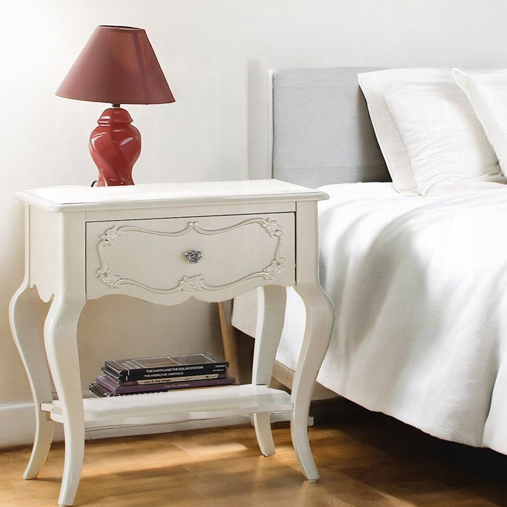 Traditional Pearl White Finish Formal Nightstand with Drawer and Shelf Wooden Youth Bedroom Furniture 1pc