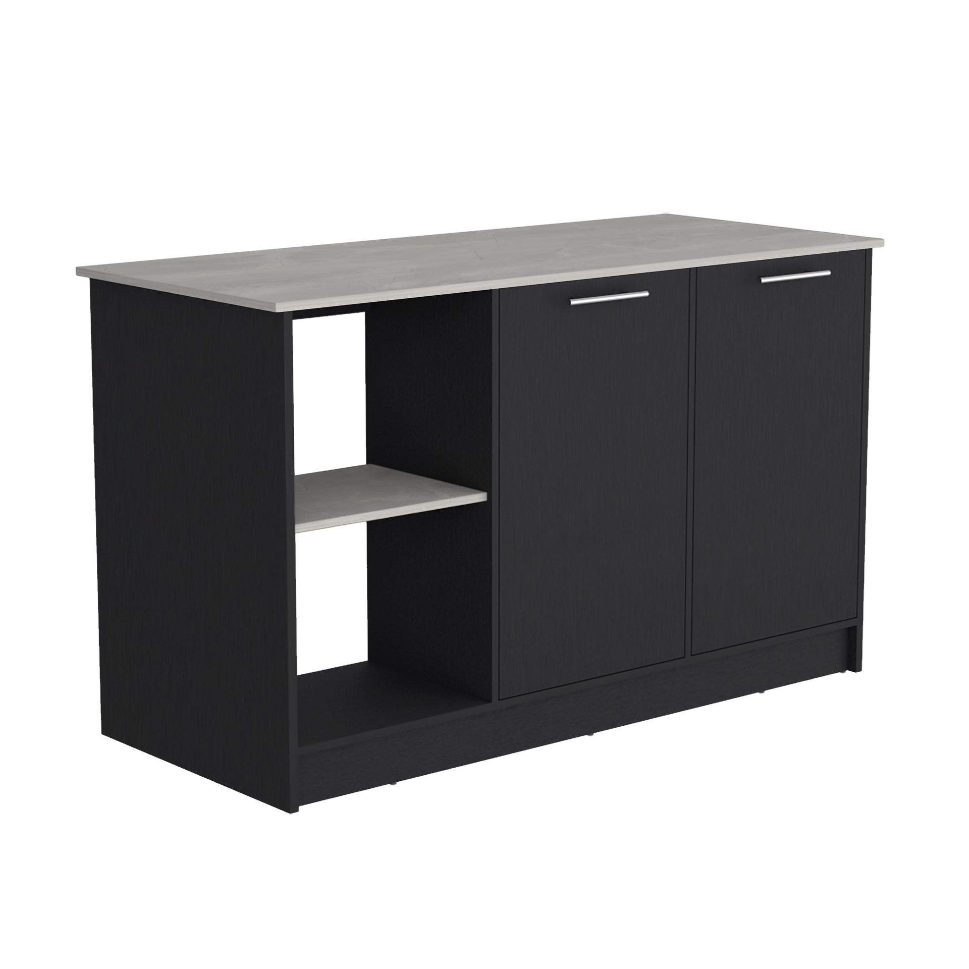 Juniper Kitchen Island with Large Top Surface, Double Door Cabinet, and Open Shelves Black / Ibiza Marble