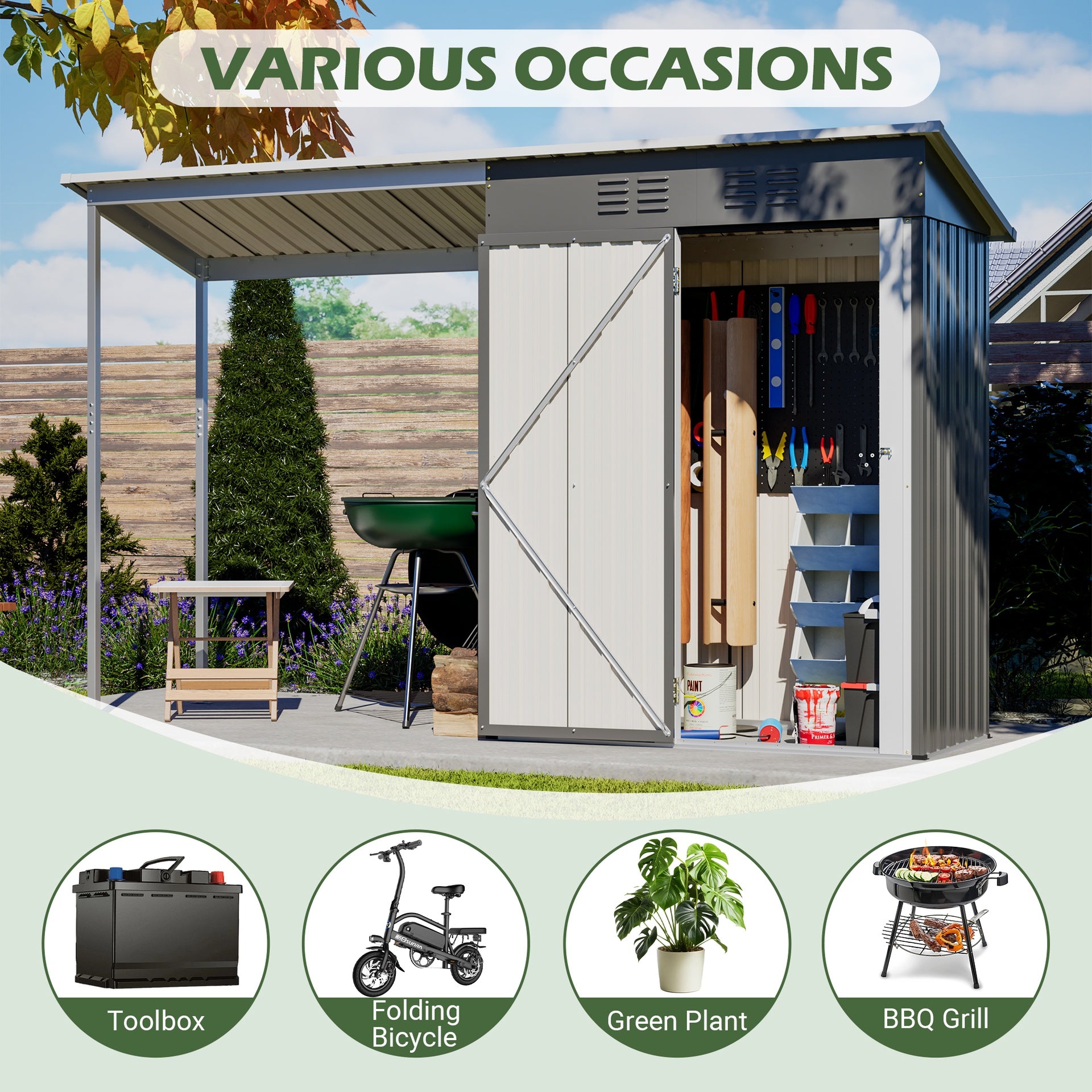 Durable 5x3FT Galvanized Steel Shed & Gazebo Combo, Easy Assembly Lean-To Storage with Open Pergola, All-Weather 2-in-1 Garden Shed for Tool Storage, Patio, Backyard