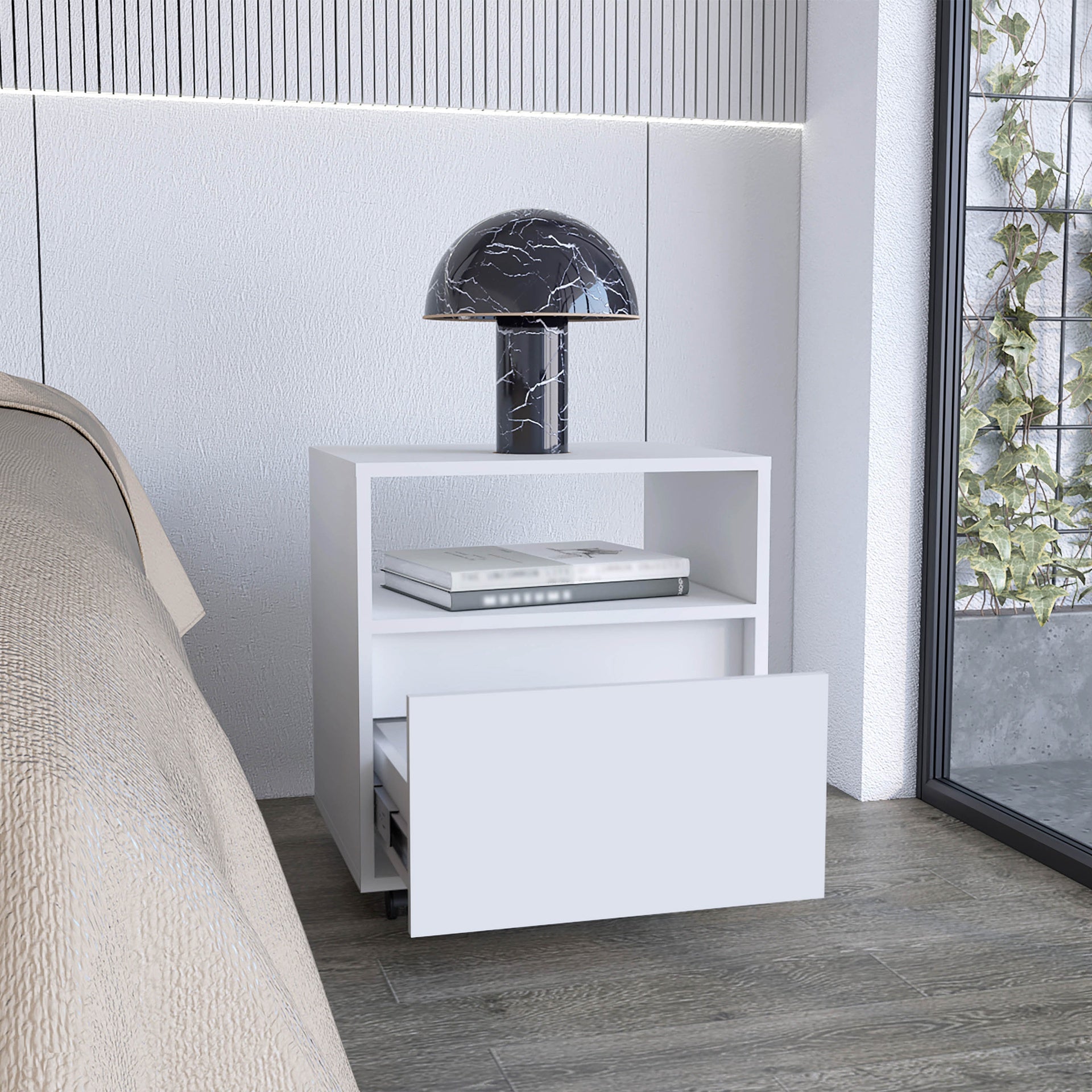 Nightstand 20"H, with One Open Shelf, 1 Drawer and Casters, White