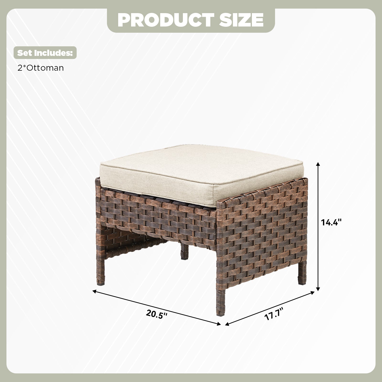 Outdoor PE Wicker Ottomans Set of 2, Patio Brown Rattan Footrests with Beige Cushion for Backyard or Deck