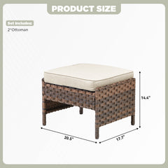Outdoor PE Wicker Ottomans Set of 2, Patio Brown Rattan Footrests with Beige Cushion for Backyard or Deck