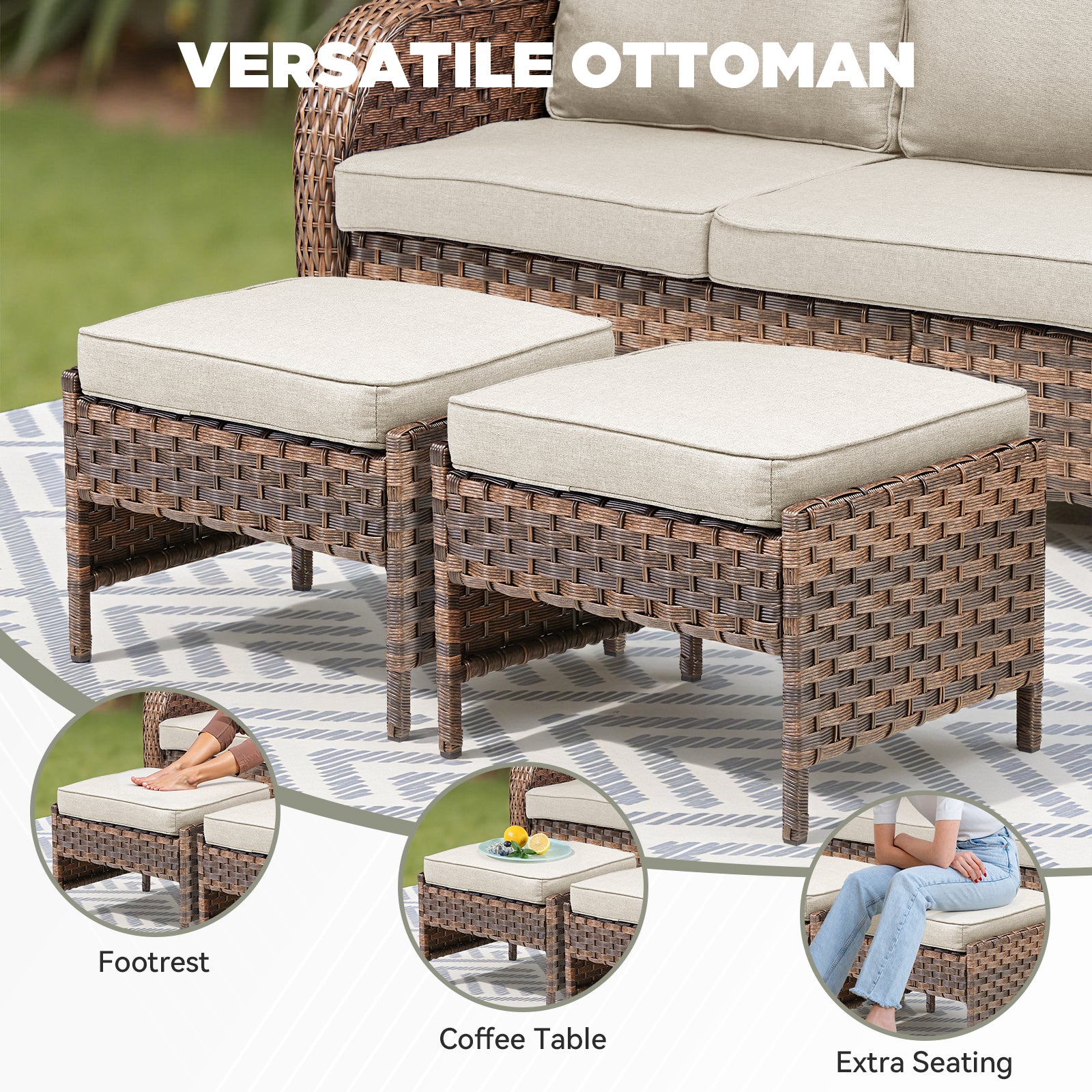 Outdoor PE Wicker Ottomans Set of 2, Patio Brown Rattan Footrests with Beige Cushion for Backyard or Deck