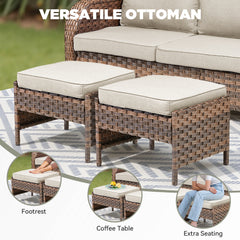 Outdoor PE Wicker Ottomans Set of 2, Patio Brown Rattan Footrests with Beige Cushion for Backyard or Deck