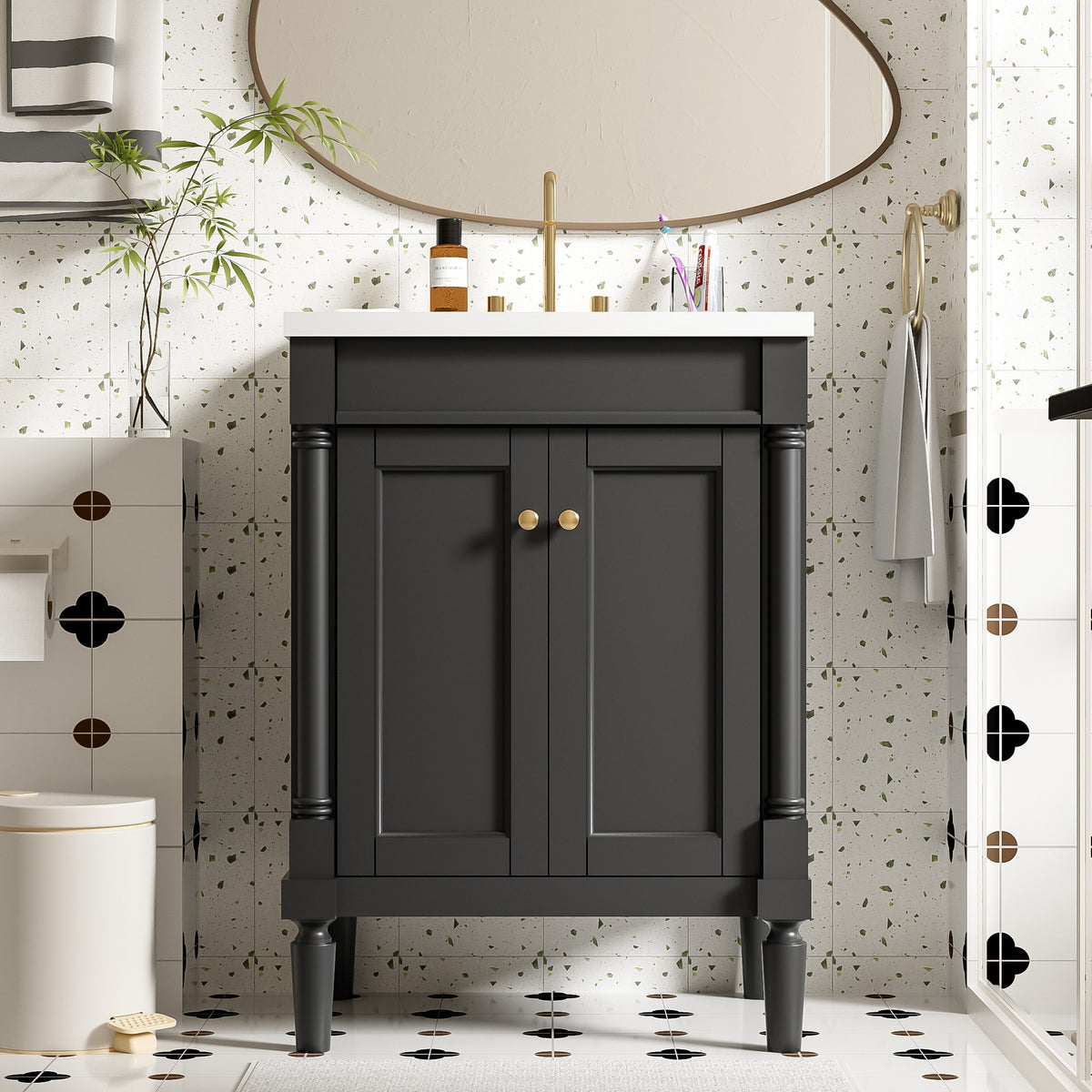 24'' Bathroom Vanity with Top Sink, 2-Tier Modern Bathroom Storage Cabinet, Single Sink Bathroom Vanity, Large Storage Shelves