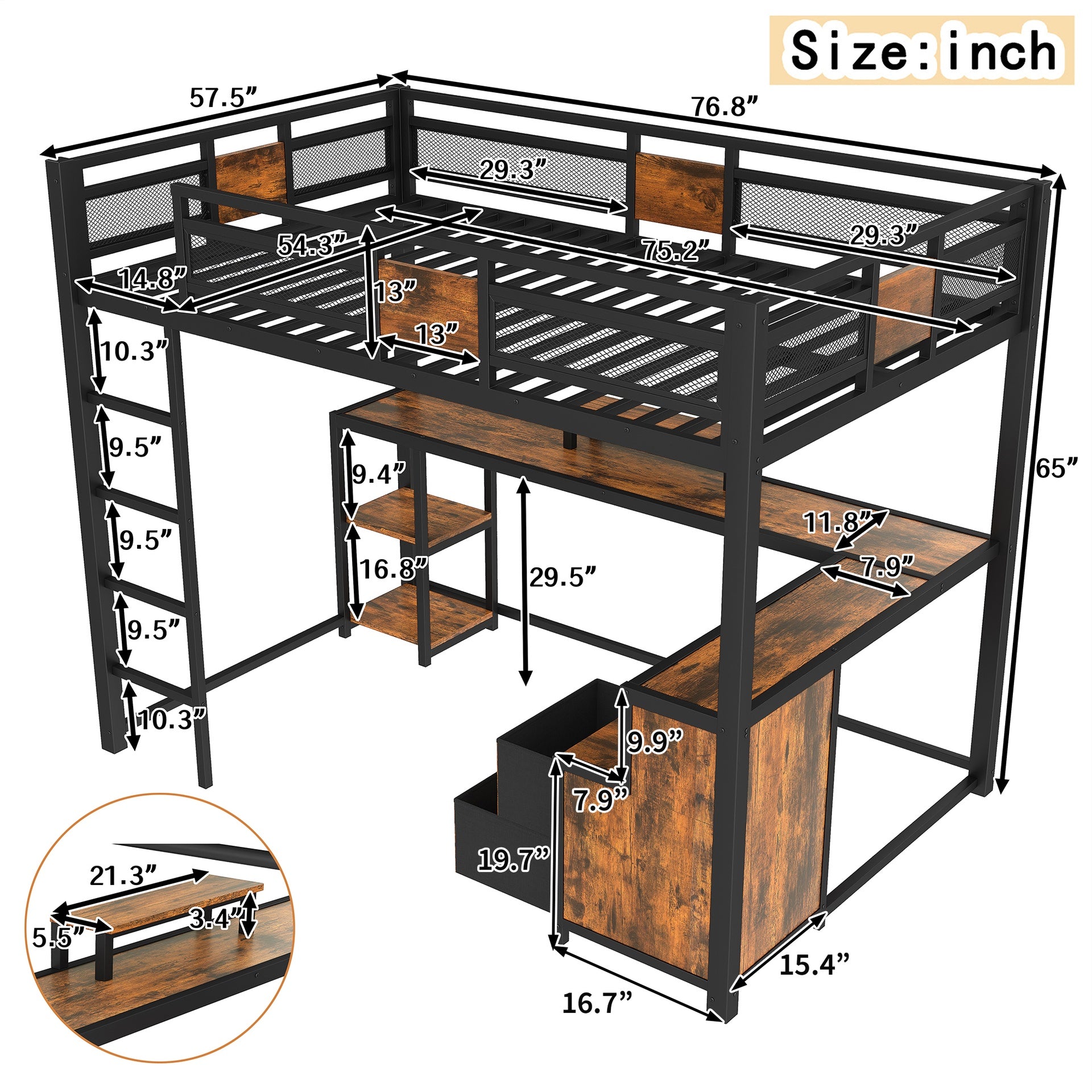 Full Loft Bed with Desk and Storage Non-woven Fabric Drawers, Metal Loft Bed Frame with Ladders, Nosie-free and No Spring Box Needed.Black