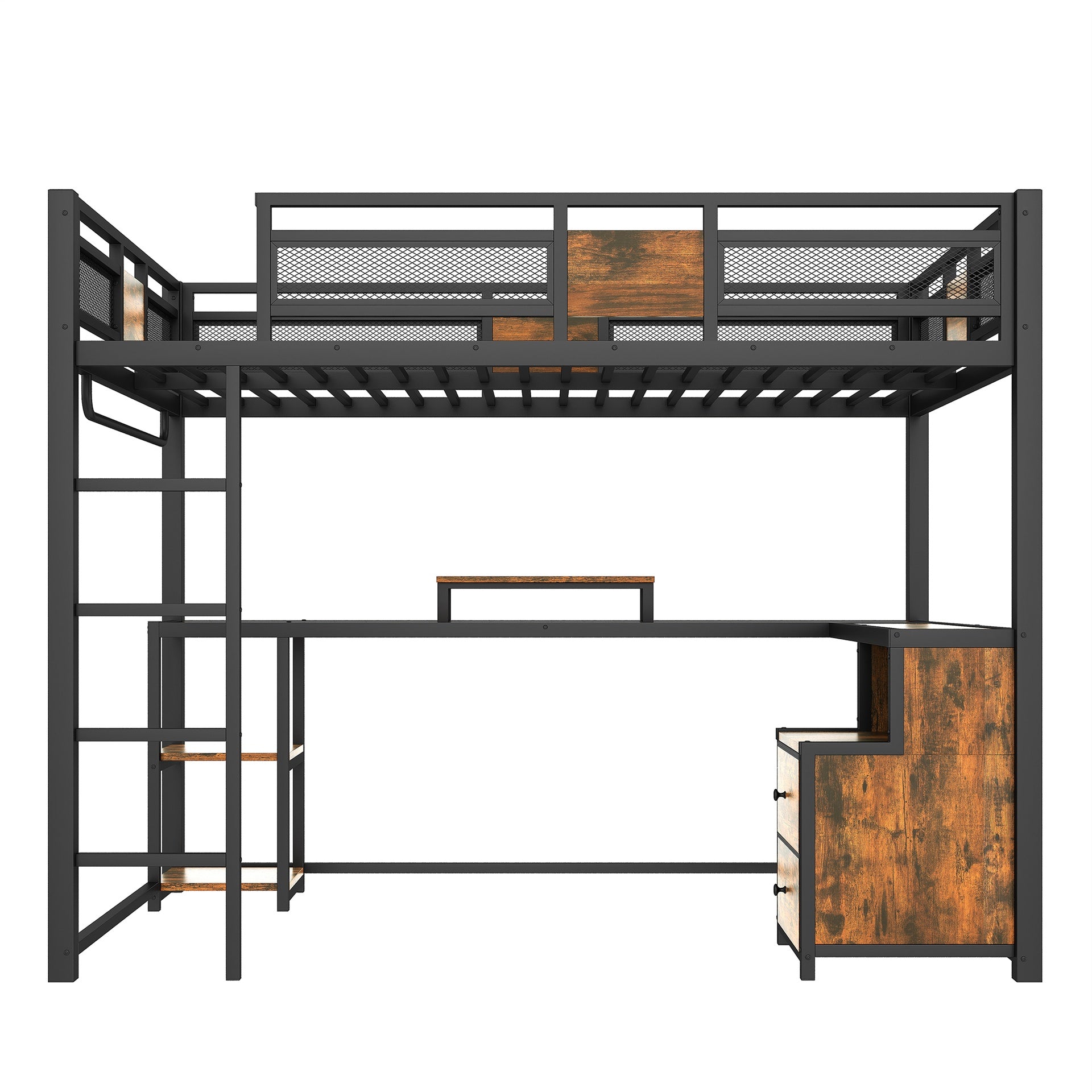 Full Loft Bed with Desk and Storage Non-woven Fabric Drawers, Metal Loft Bed Frame with Ladders, Nosie-free and No Spring Box Needed.Black