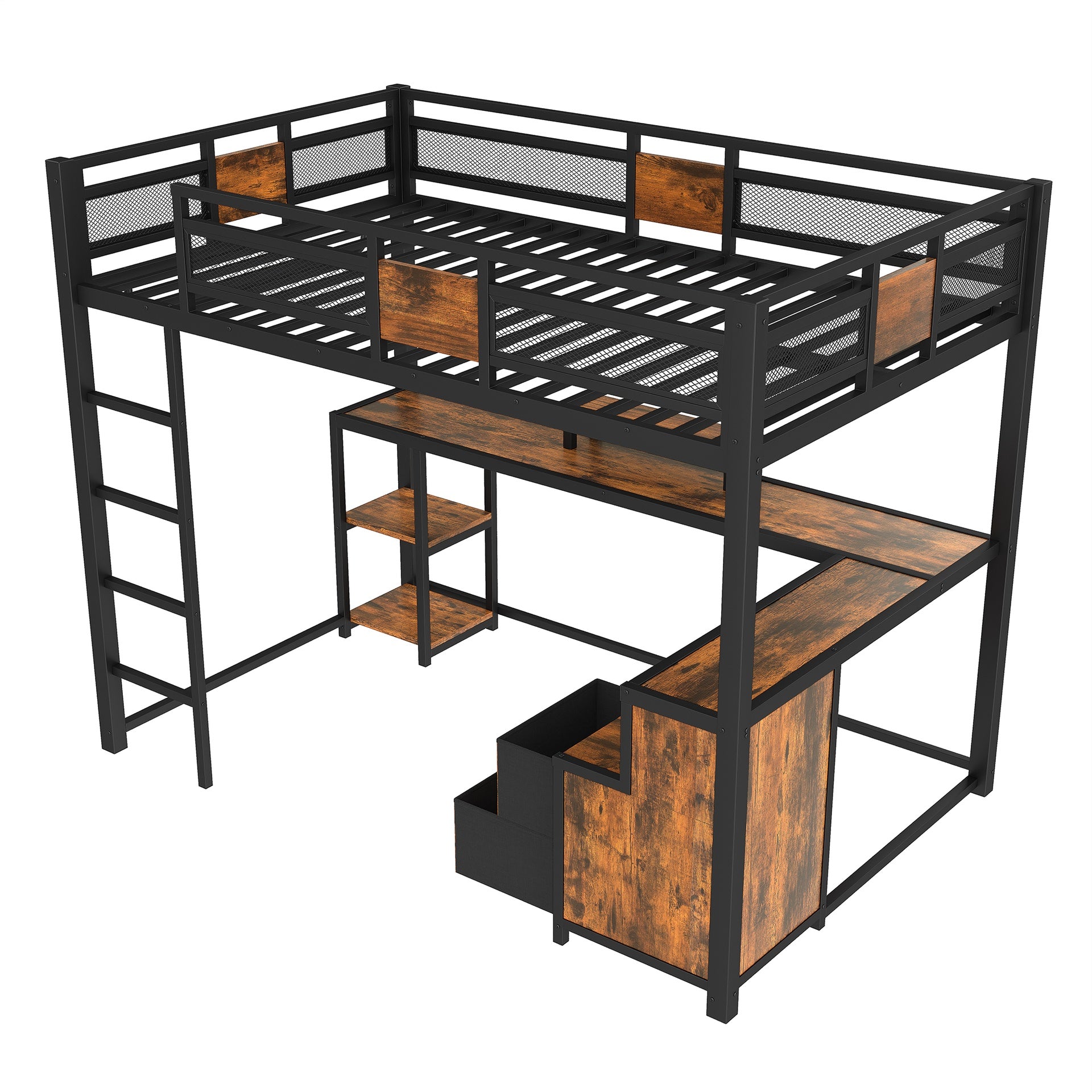 Full Loft Bed with Desk and Storage Non-woven Fabric Drawers, Metal Loft Bed Frame with Ladders, Nosie-free and No Spring Box Needed.Black