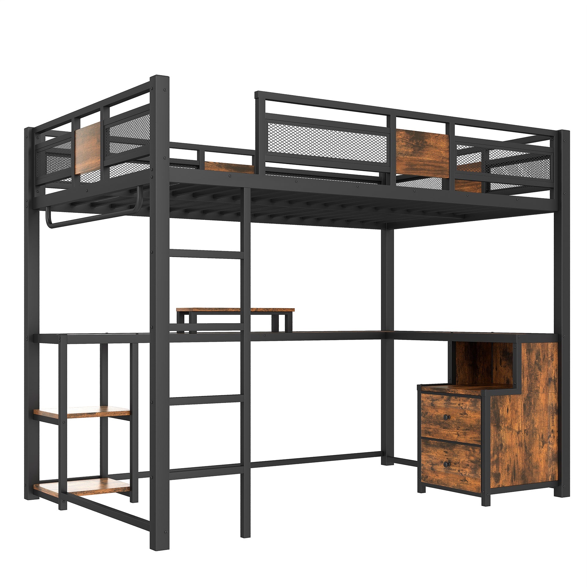 Full Loft Bed with Desk and Storage Non-woven Fabric Drawers, Metal Loft Bed Frame with Ladders, Nosie-free and No Spring Box Needed.Black