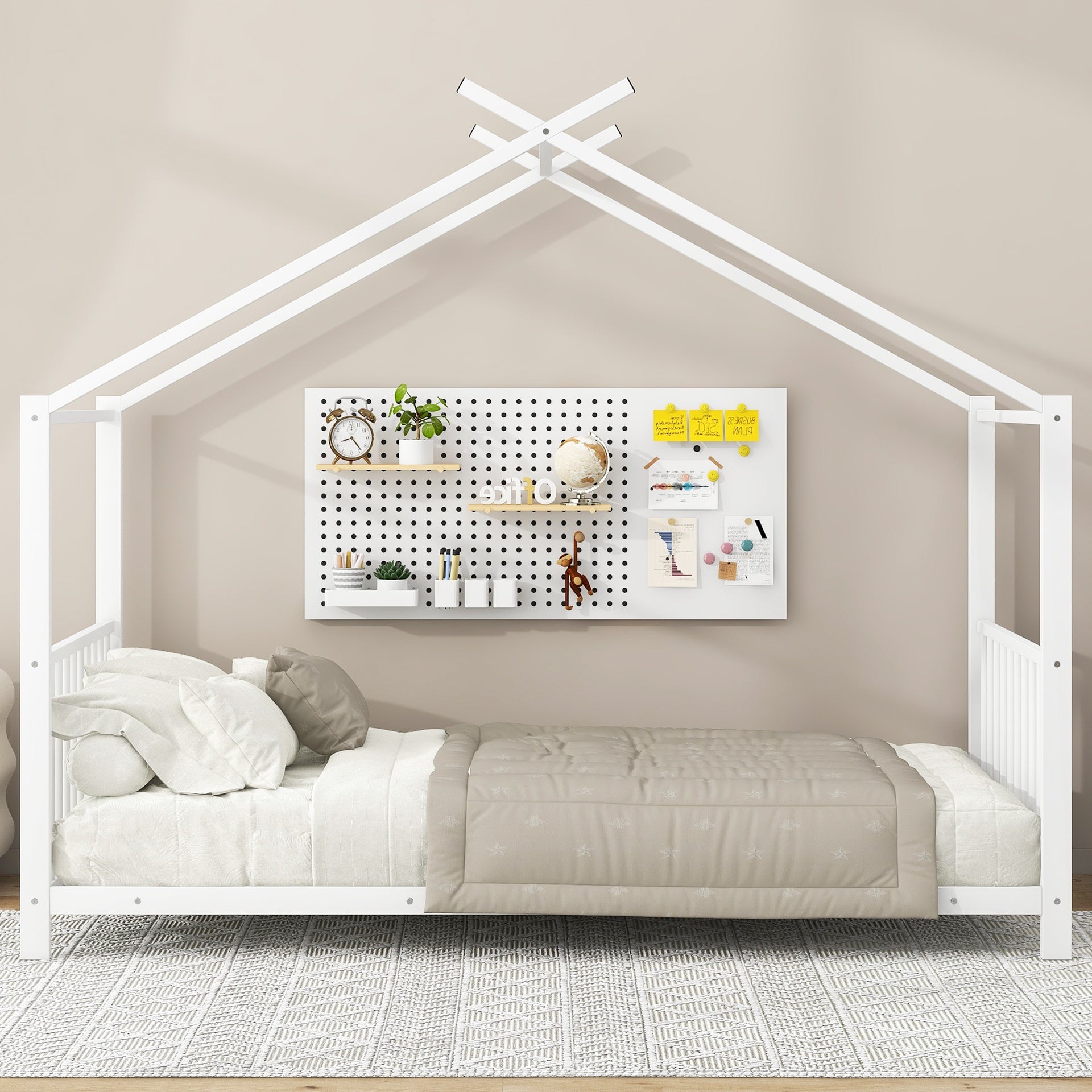 Twin Size Metal House Platform Bed, White