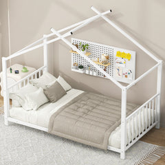 Twin Size Metal House Platform Bed, White