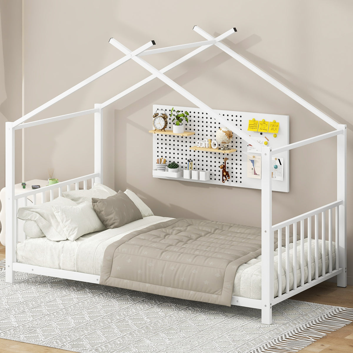 Twin Size Metal House Platform Bed, White