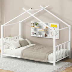 Twin Size Metal House Platform Bed, White