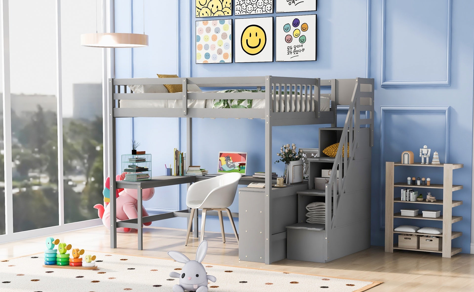 Full Size Loft Bed with Built-in L-Shaped Desk and Three-Tier Storage Shelves,and Attached Storage Staircase,Gray