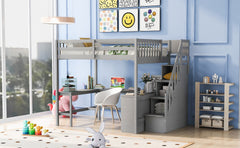 Full Size Loft Bed with Built-in L-Shaped Desk and Three-Tier Storage Shelves,and Attached Storage Staircase,Gray