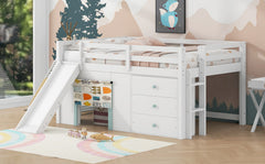 Full Size Low Loft Bed with Slide,Three Storage Drawers and Two Doors,White