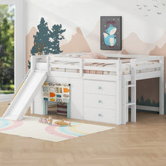 Full Size Low Loft Bed with Slide,Three Storage Drawers and Two Doors,White