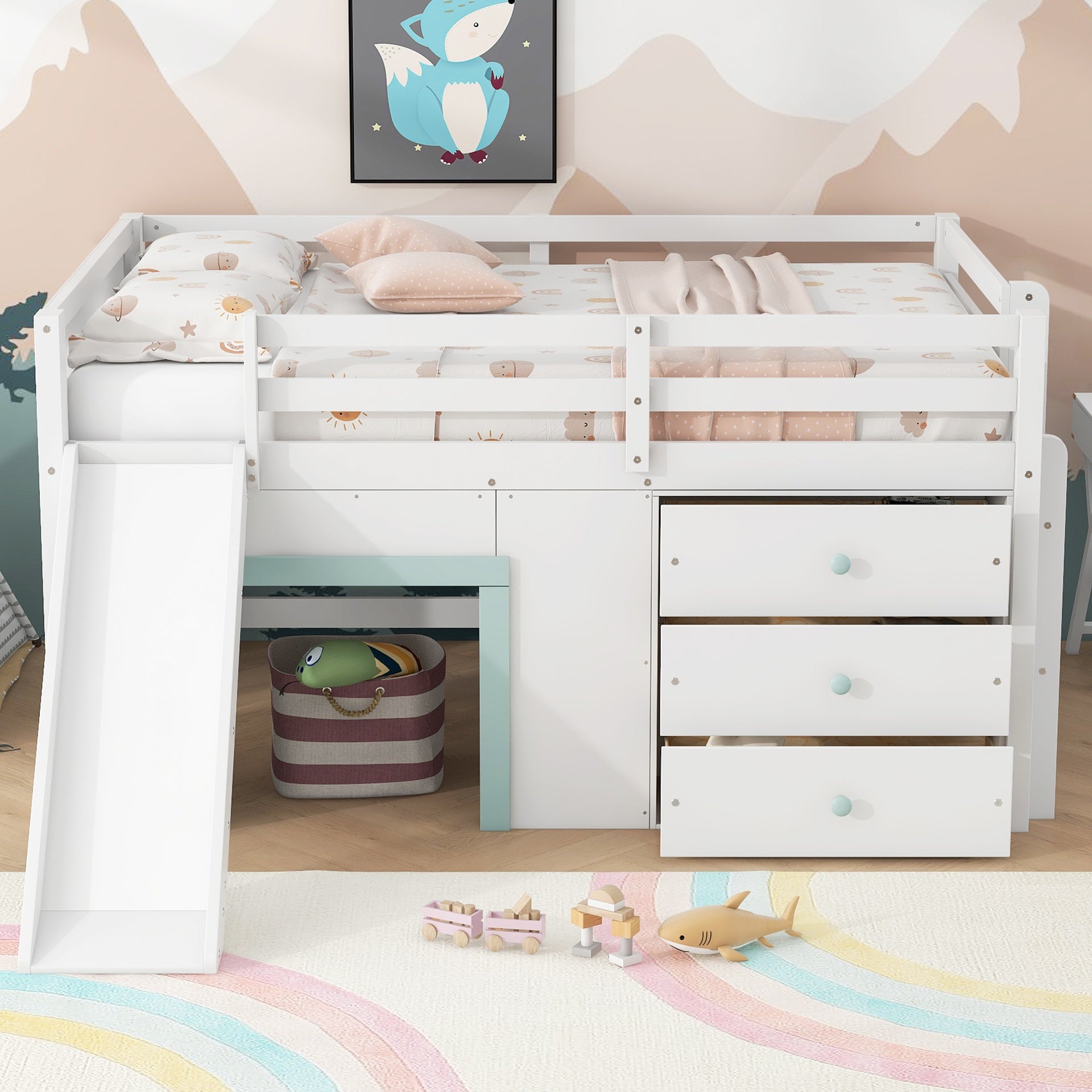 Full Size Low Loft Bed with Slide,Three Storage Drawers and Two Doors,White