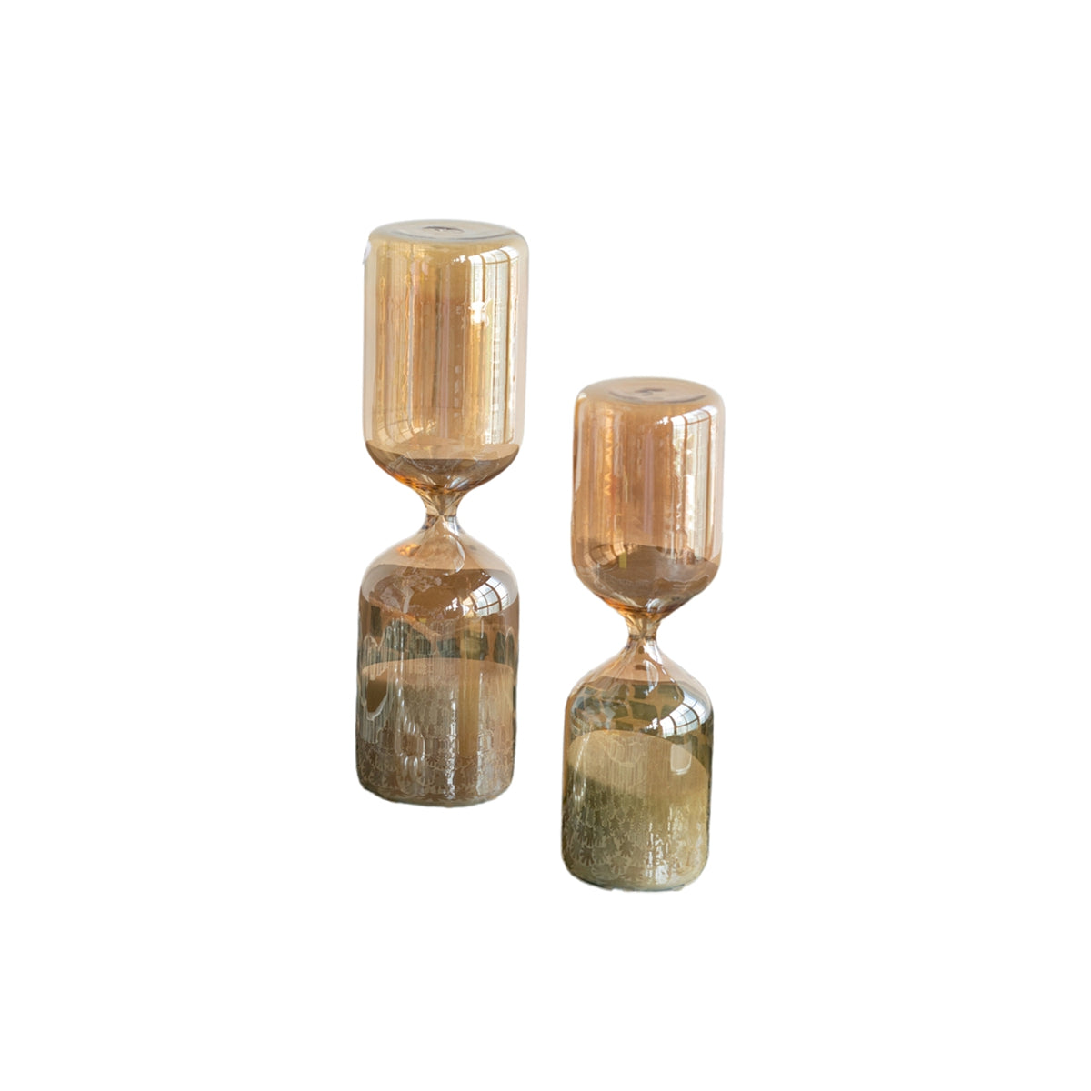 Set of 2, Amber shimmer Hourglass, White Sand, S: 2.4x2.4x8" 30-Minute, L: 2.8x2.8x9.9"  45-Minute