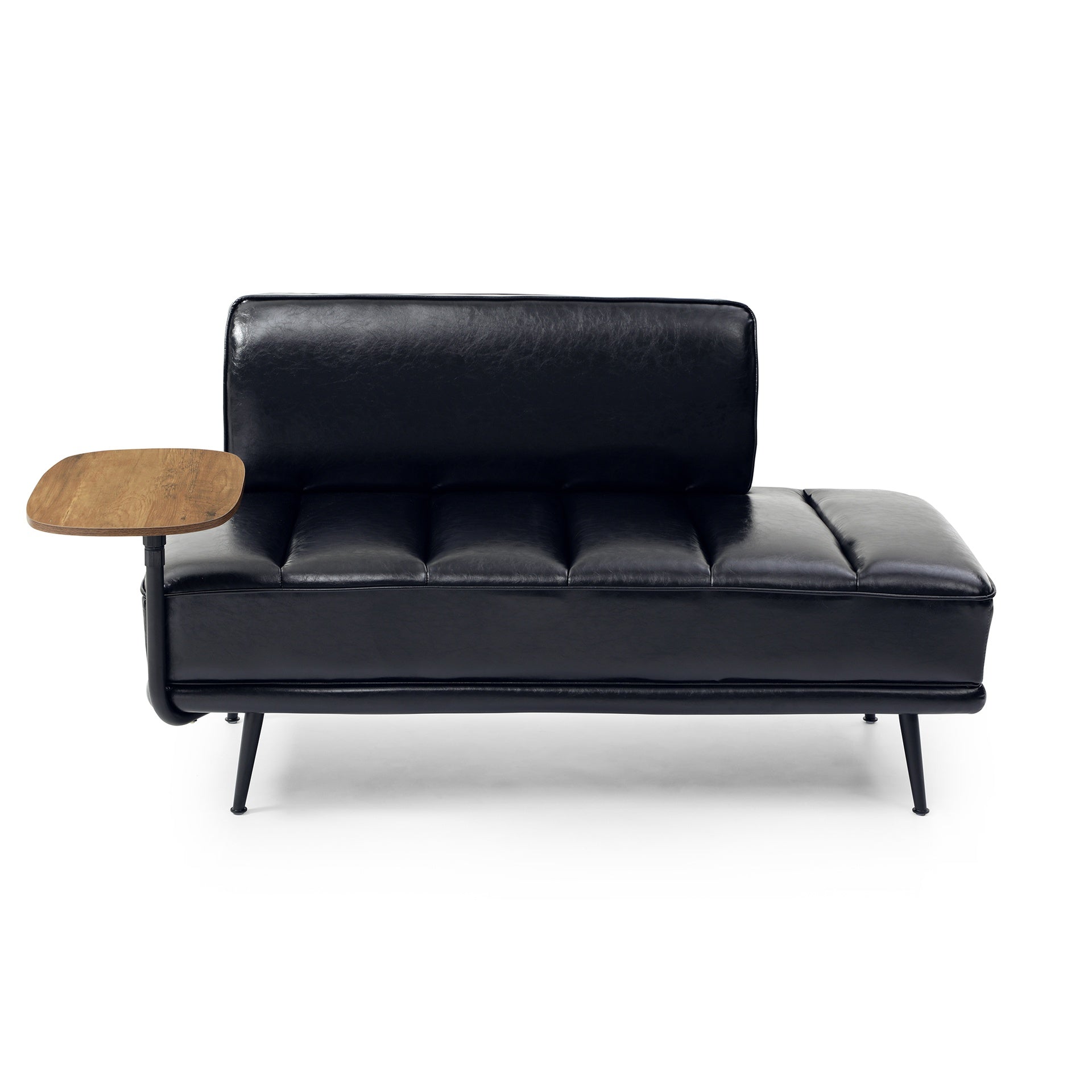 55"Inch Width Modern End of Bed Bench,Black Faux Leather Upholstered With side table, 360-degree Swivel tray couch,Entryway Ottoman,Window Bench with  Metal Legs for Bedroom, Living Room