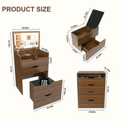 3-in-1 Vanity Desk with Lighted Mirror & Stool, Flip Top Makeup Dressing Table, Compact Storage for Bedroom, Bathroom, Dressing Room(23.62 inch L, Walnut)