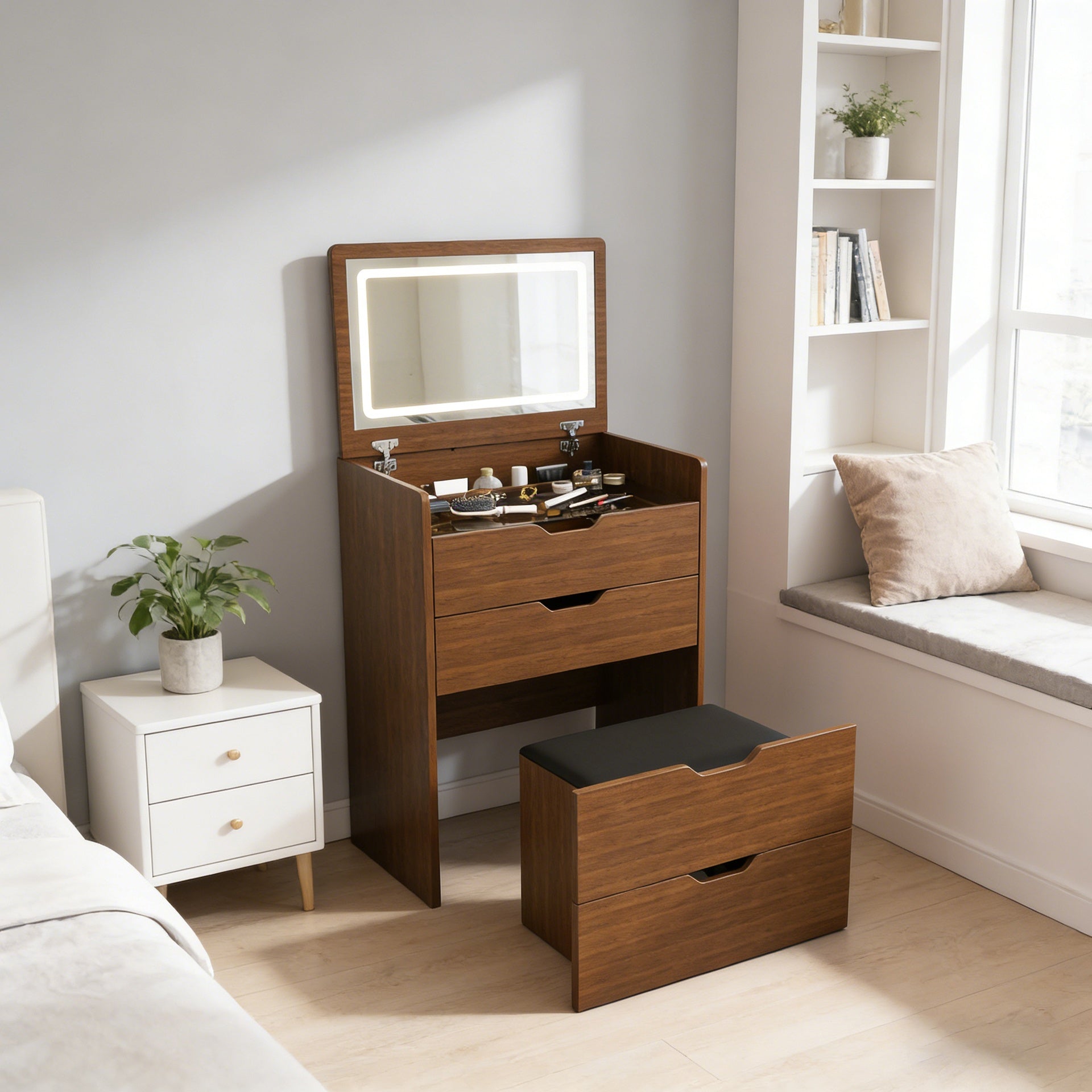 3-in-1 Vanity Desk with Lighted Mirror & Stool, Flip Top Makeup Dressing Table, Compact Storage for Bedroom, Bathroom, Dressing Room(23.62 inch L, Walnut)