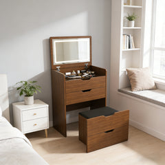 3-in-1 Vanity Desk with Lighted Mirror & Stool, Flip Top Makeup Dressing Table, Compact Storage for Bedroom, Bathroom, Dressing Room(23.62 inch L, Walnut)