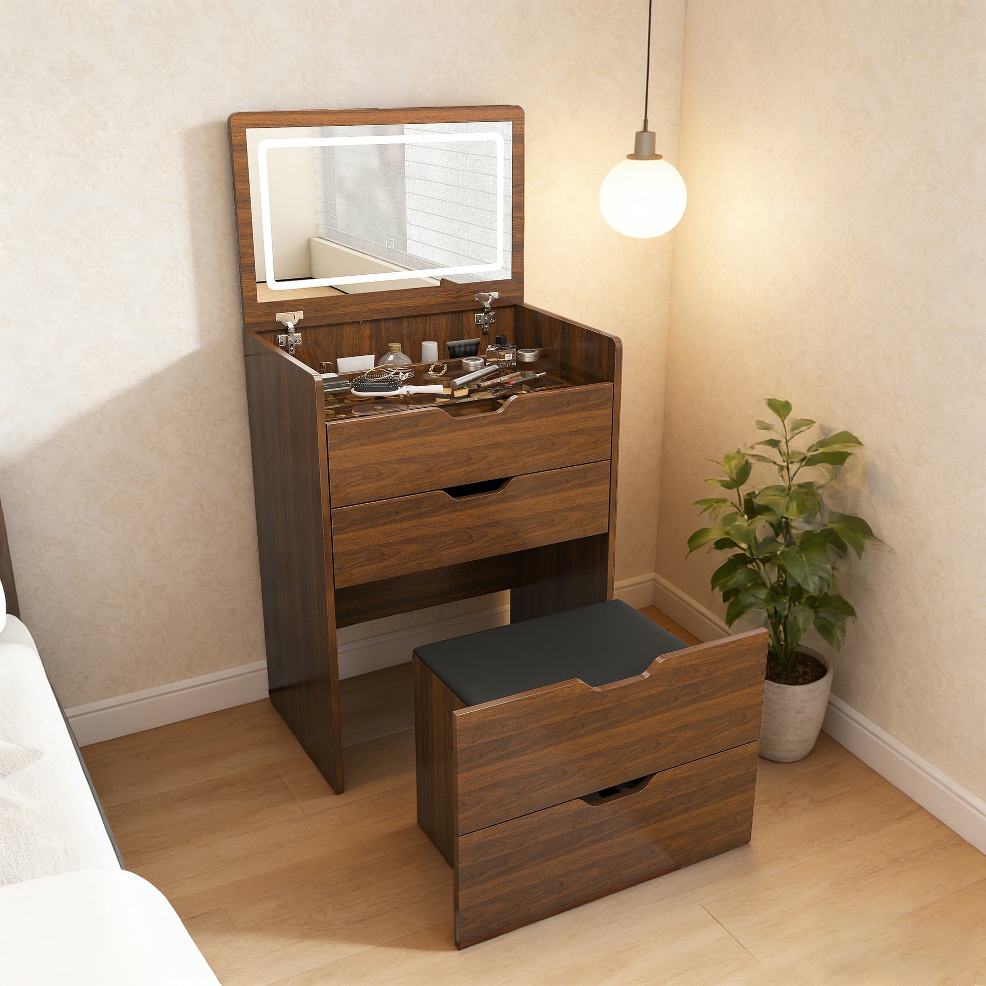3-in-1 Vanity Desk with Lighted Mirror & Stool, Flip Top Makeup Dressing Table, Compact Storage for Bedroom, Bathroom, Dressing Room(23.62 inch L, Walnut)