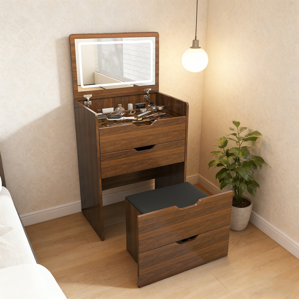 3-in-1 Vanity Desk with Lighted Mirror & Stool, Flip Top Makeup Dressing Table, Compact Storage for Bedroom, Bathroom, Dressing Room(23.62 inch L, Walnut)