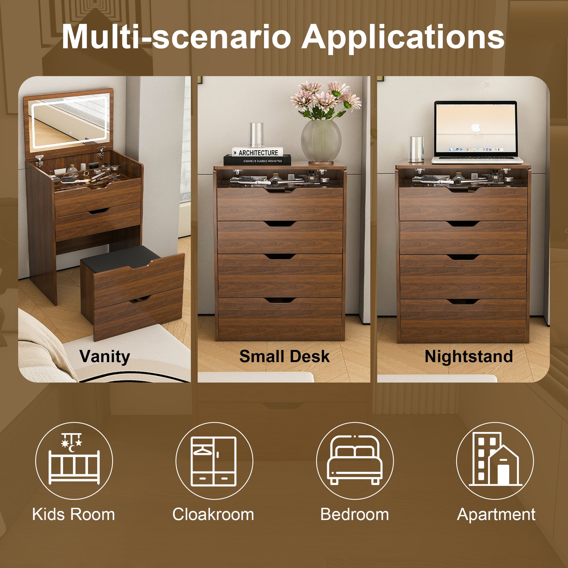 3-in-1 Vanity Desk with Lighted Mirror & Stool, Flip Top Makeup Dressing Table, Compact Storage for Bedroom, Bathroom, Dressing Room(23.62 inch L, Walnut)