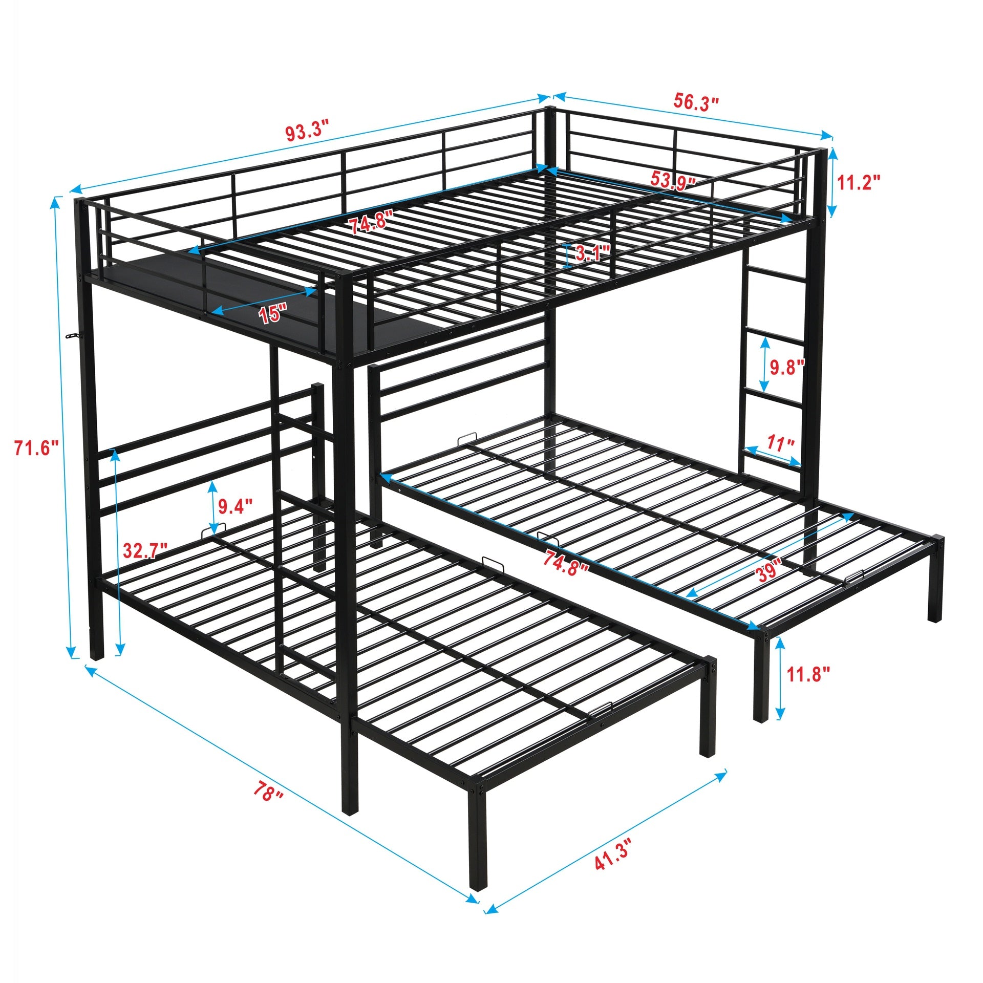 Full Over Twin Over Twin Bunk Bed ,Triple Bunk Bed With a vertical ladder, Metal Frame Bunk Bed with Safety Rail, Full Over Twin Over Twin Triple Bunk