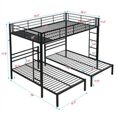 Full Over Twin Over Twin Bunk Bed ,Triple Bunk Bed With a vertical ladder, Metal Frame Bunk Bed with Safety Rail, Full Over Twin Over Twin Triple Bunk